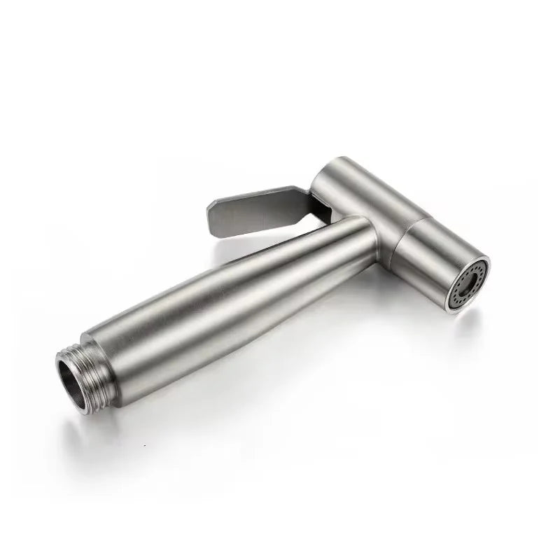 Stainless steel handheld bidet sprayer gun for bathroom, self-cleaning toilet sprayer from FanzyMarket, used for personal hygiene.