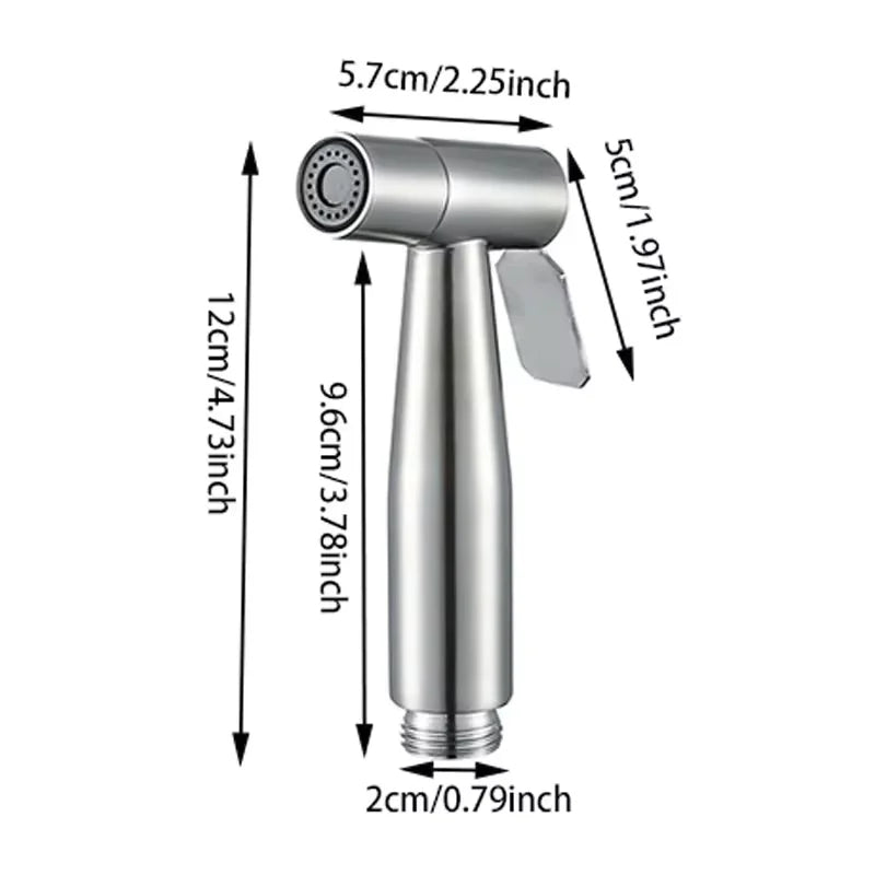 FanzyMarket stainless steel handheld bidet sprayer gun for bathroom, self-cleaning toilet sprayer with sleek silver finish.