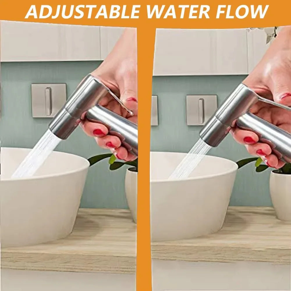 FanzyMarket stainless steel portable toilet spray gun, handheld bidet sprayer for bathroom and outdoor cleaning.