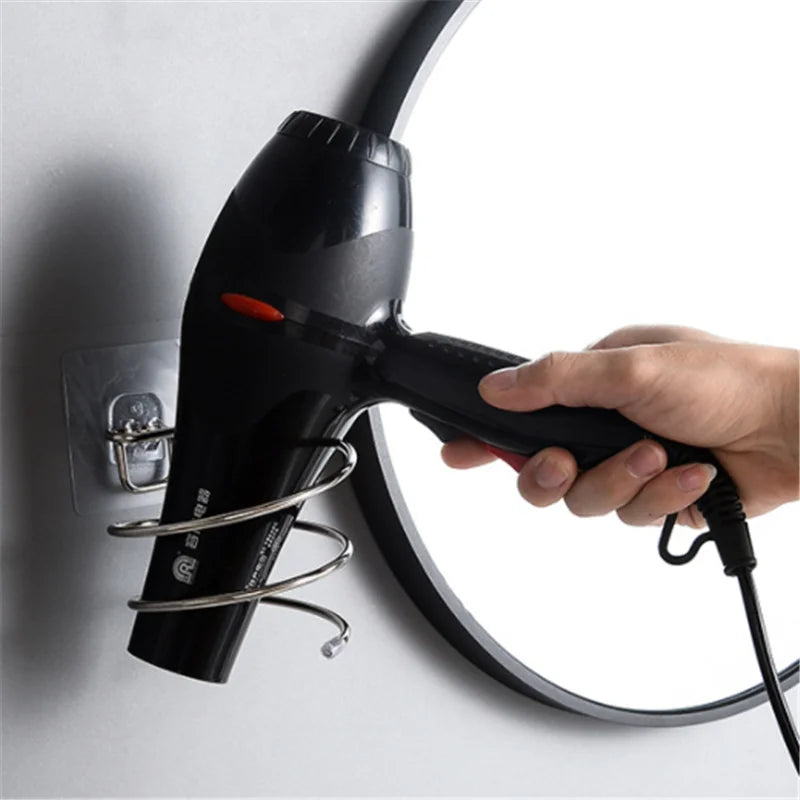 Yellow wall-mounted hair dryer holder by FanzyMarket, stainless steel spiral stand with nail-free adhesive, 12x10 cm.