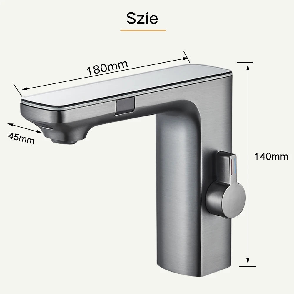 FanzyMarket touchless sensor basin faucet with digital display, brushed grey brass bathroom sink tap, single-hole single-handle, hot and cold