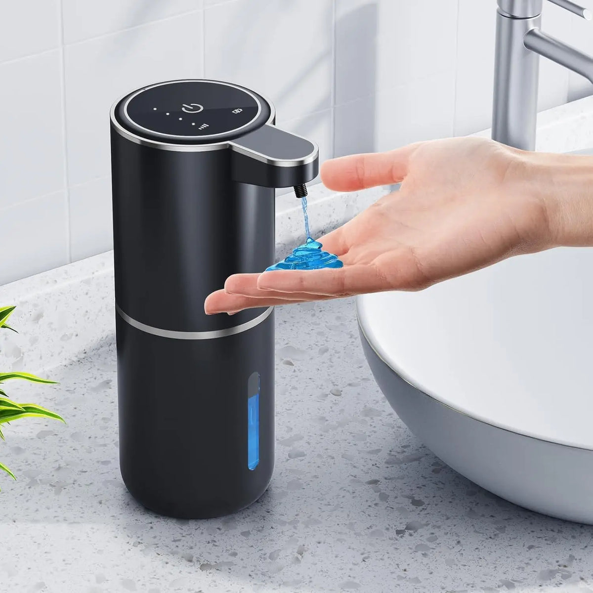 FanzyMarket touchless soap dispenser with IR sensor, 380ml capacity, waterproof design, and rechargeable USB-C for bathroom and kitchen.
