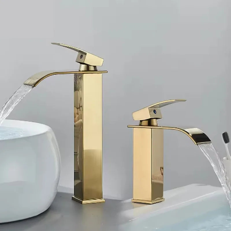 Brushed gold waterfall bathroom faucet by FanzyMarket with single lever, deck-mount basin mixer, stainless steel ceramic valve.