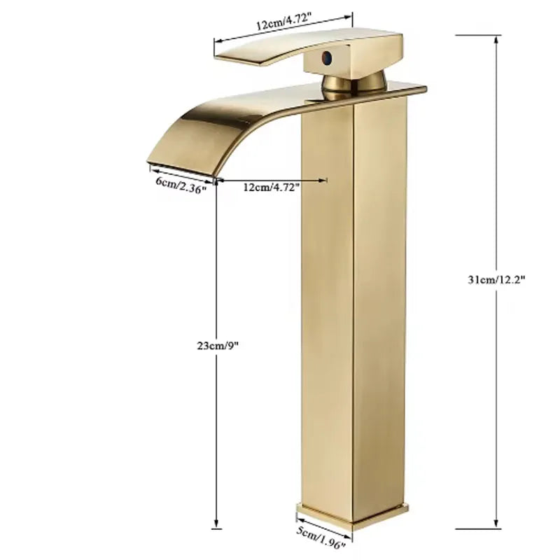 Brushed gold waterfall bathroom faucet by FanzyMarket with single lever, deck-mount basin mixer, stainless steel ceramic valve.