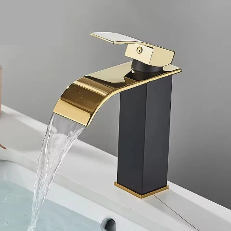 Brushed gold waterfall bathroom faucet by FanzyMarket with single lever, deck-mount basin mixer, stainless steel ceramic valve.