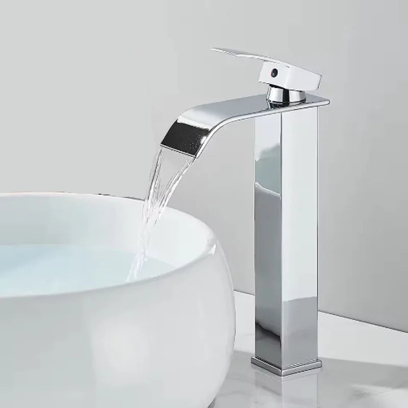Brushed gold waterfall bathroom faucet by FanzyMarket, single lever deck-mount basin mixer with ceramic valve for modern bathrooms.