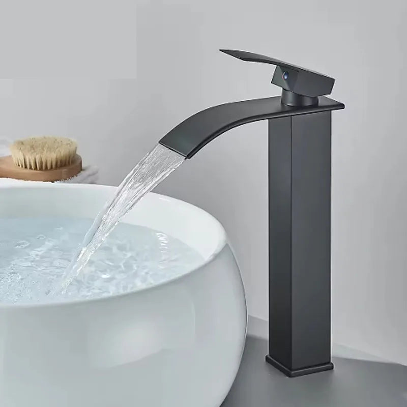 Brushed gold waterfall bathroom faucet by FanzyMarket, single lever deck-mount basin mixer with ceramic valve in stainless steel.