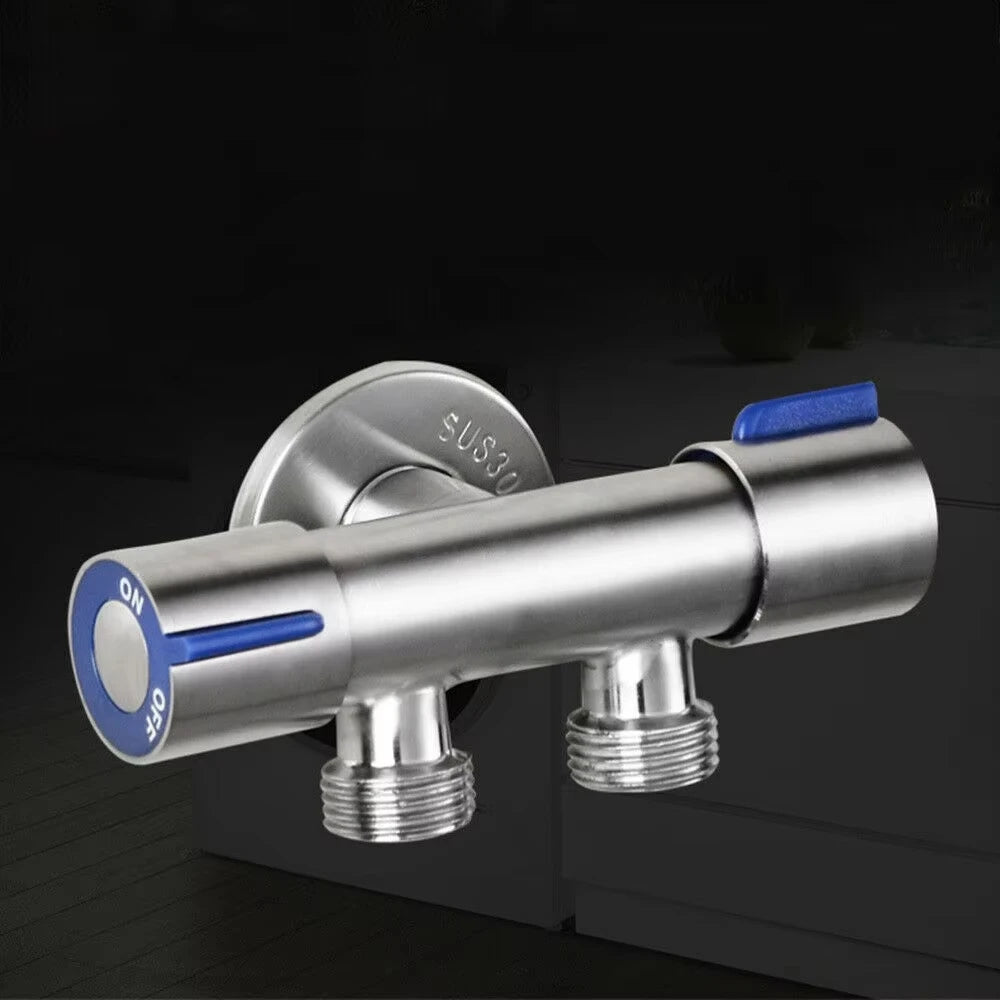FanzyMarket double-handle stainless steel bathroom faucet with dual controls and cold water angle valve for washing machine use.