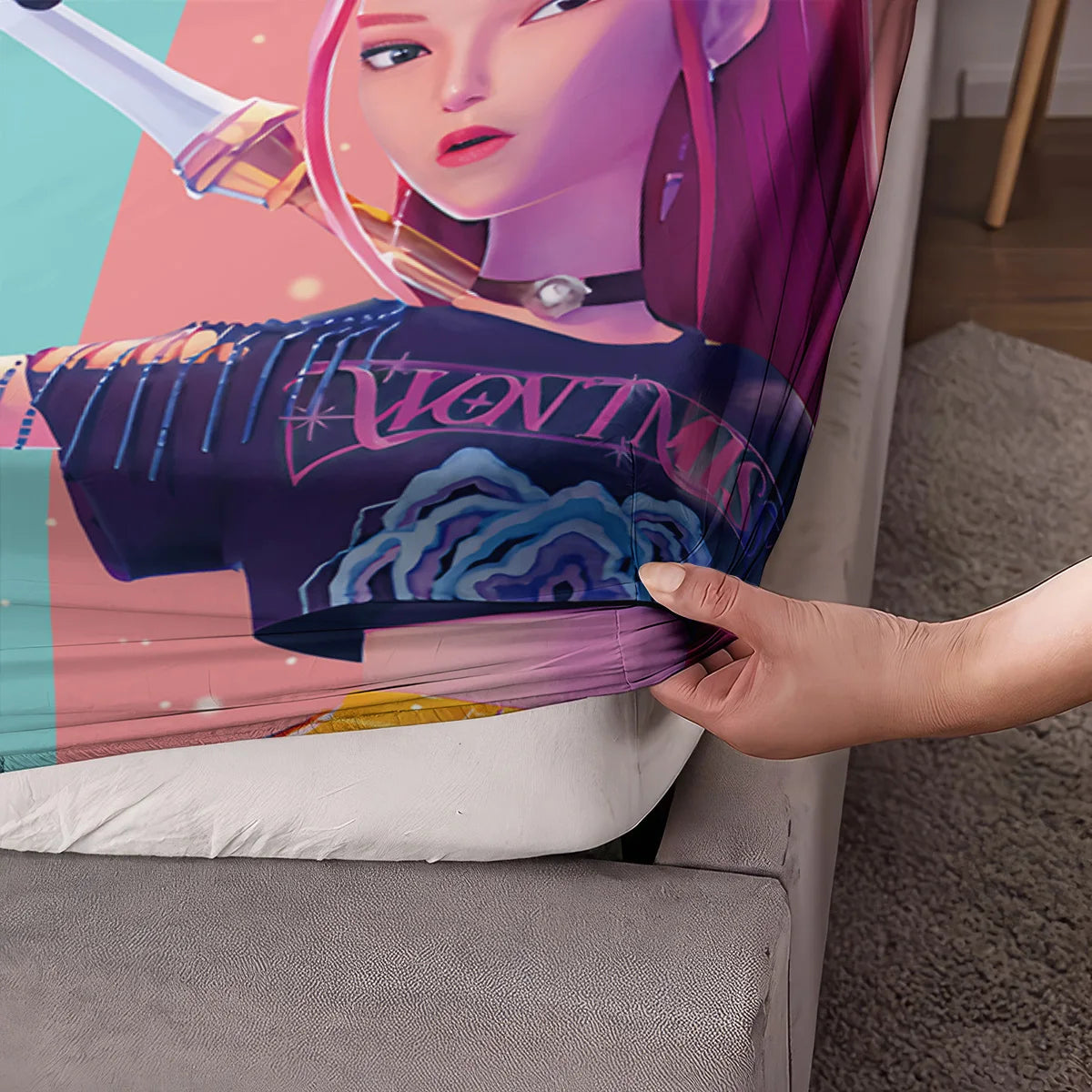 3-piece K-pop Demon Hunters printed bedding set by FanzyMarket, polyester cotton, machine washable, includes duvet cover and pillowcases.