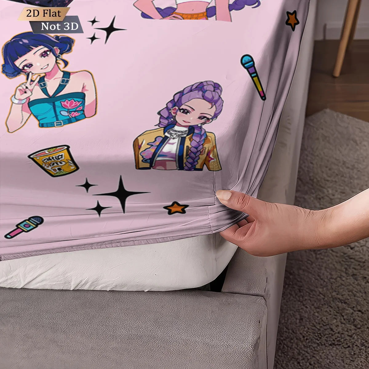 FanzyMarket 3-piece K-Pop Demon Hunters print fitted sheet set for dorms and bedrooms, machine washable, multiple sizes available.