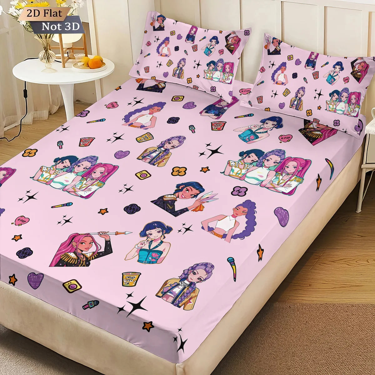 FanzyMarket 3-piece K-Pop Demon Hunters fitted sheet set with printed design, available in multiple sizes for dorms and bedrooms.
