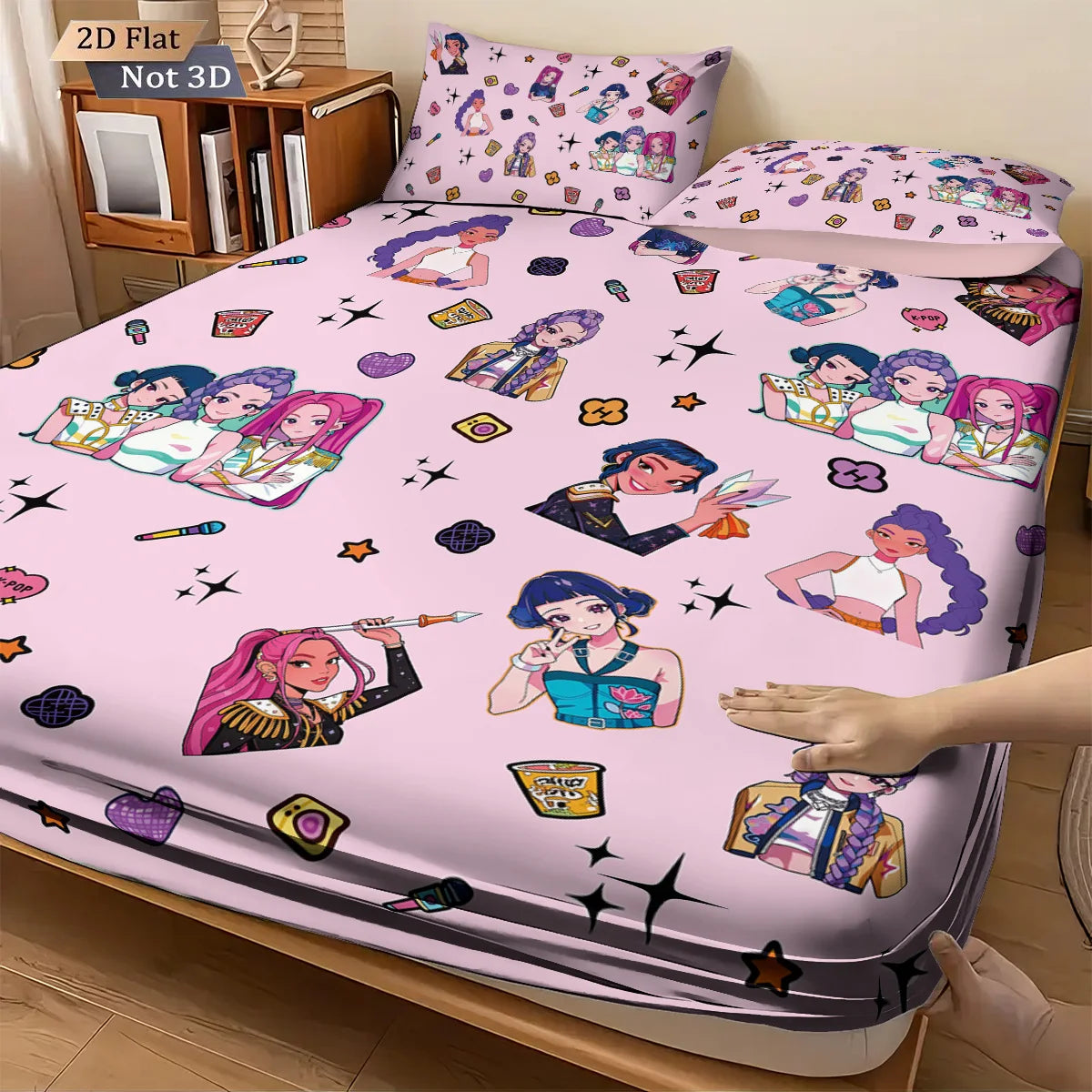 FanzyMarket 3-piece K-Pop Demon Hunters print fitted sheet set with multiple sizes, machine washable for dorms and bedrooms.