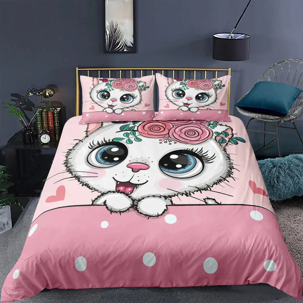 FanzyMarket 3-piece cute cat duvet cover set with cartoon print, including pillowcases, perfect for cozy bedroom decor.