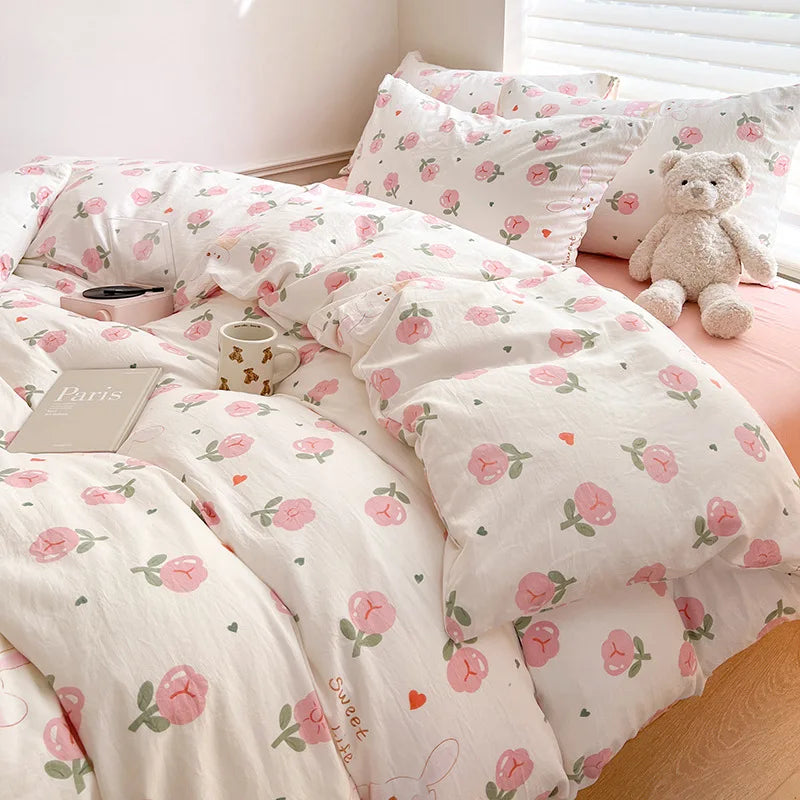 FanzyMarket floral Kawaii bed linen set with bed sheet and duvet cover in twin, full, queen, or king size with colorful floral design.