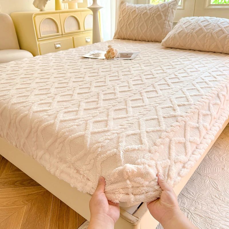 FanzyMarket winter coral fleece fitted sheet with elastic skirt, thick and fluffy warm mattress cover for single, queen, and king beds.