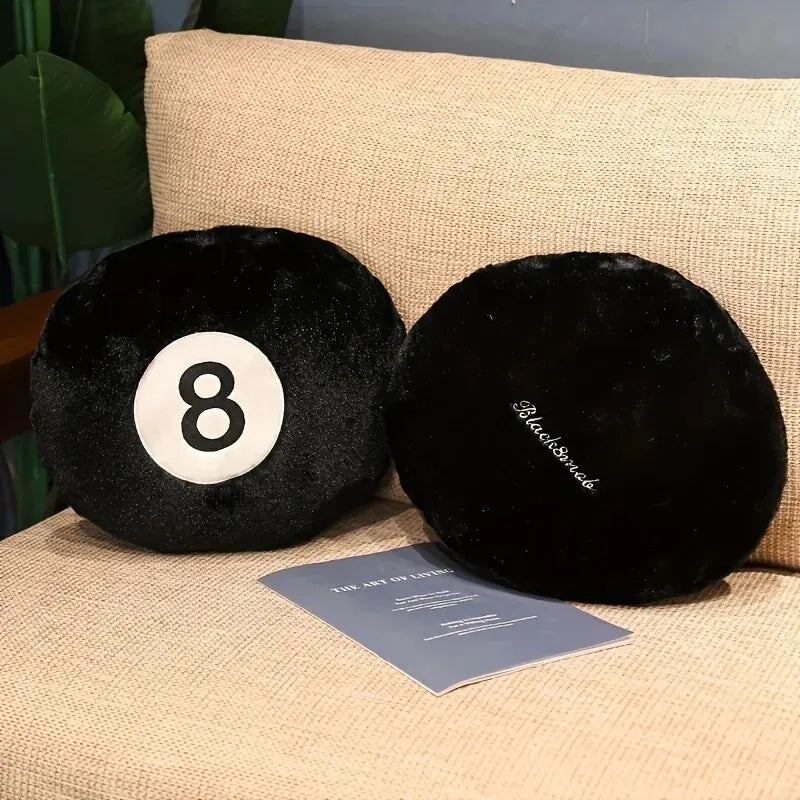 Black 8-ball throw pillow cushion by FanzyMarket, billiard-themed accent pillow for sofa, tatami, Halloween, and Christmas decor.