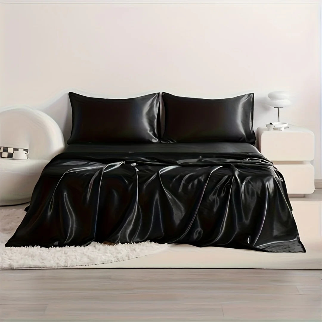 FanzyMarket 4-piece cooling satin bed sheet set with breathable hypoallergenic 500TC flat sheet, fitted sheet, and pillowcases.