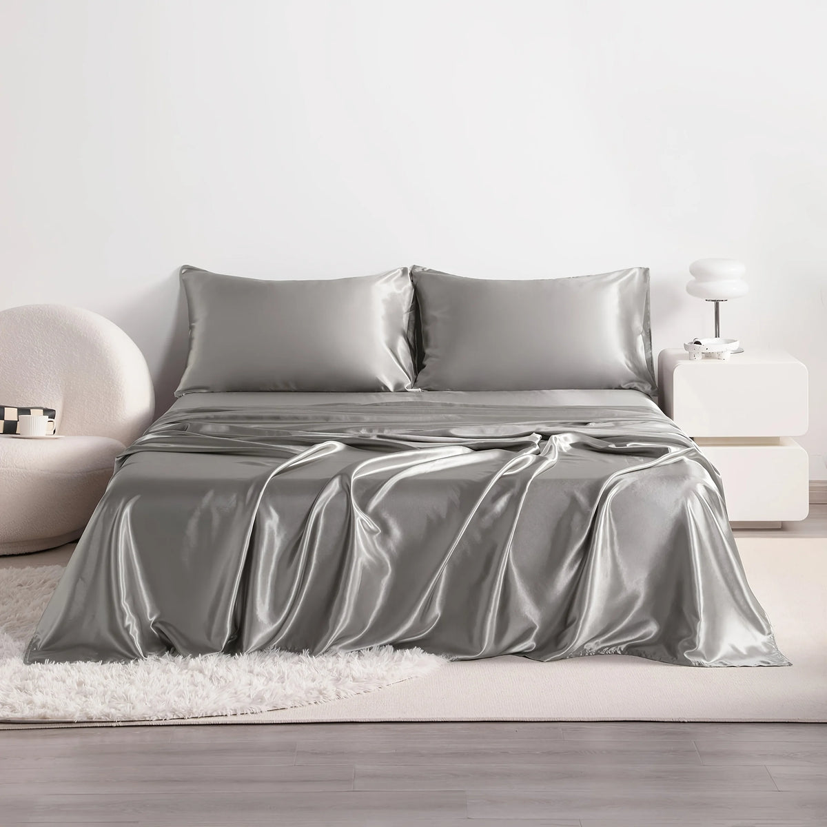 FanzyMarket 4-piece cooling satin bed sheet set with breathable hypoallergenic 500TC flat sheet, fitted sheet, and two pillowcases