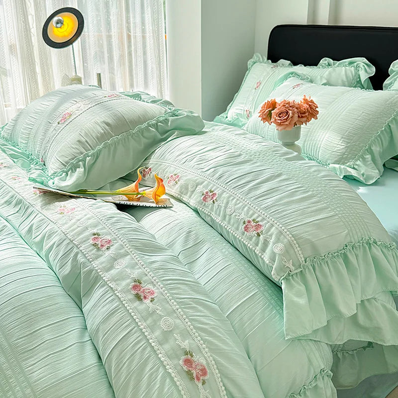 Purple Queen-size Princess Lace Ruffle washed cotton duvet cover set with seersucker soft bedding and matching fitted sheet.
