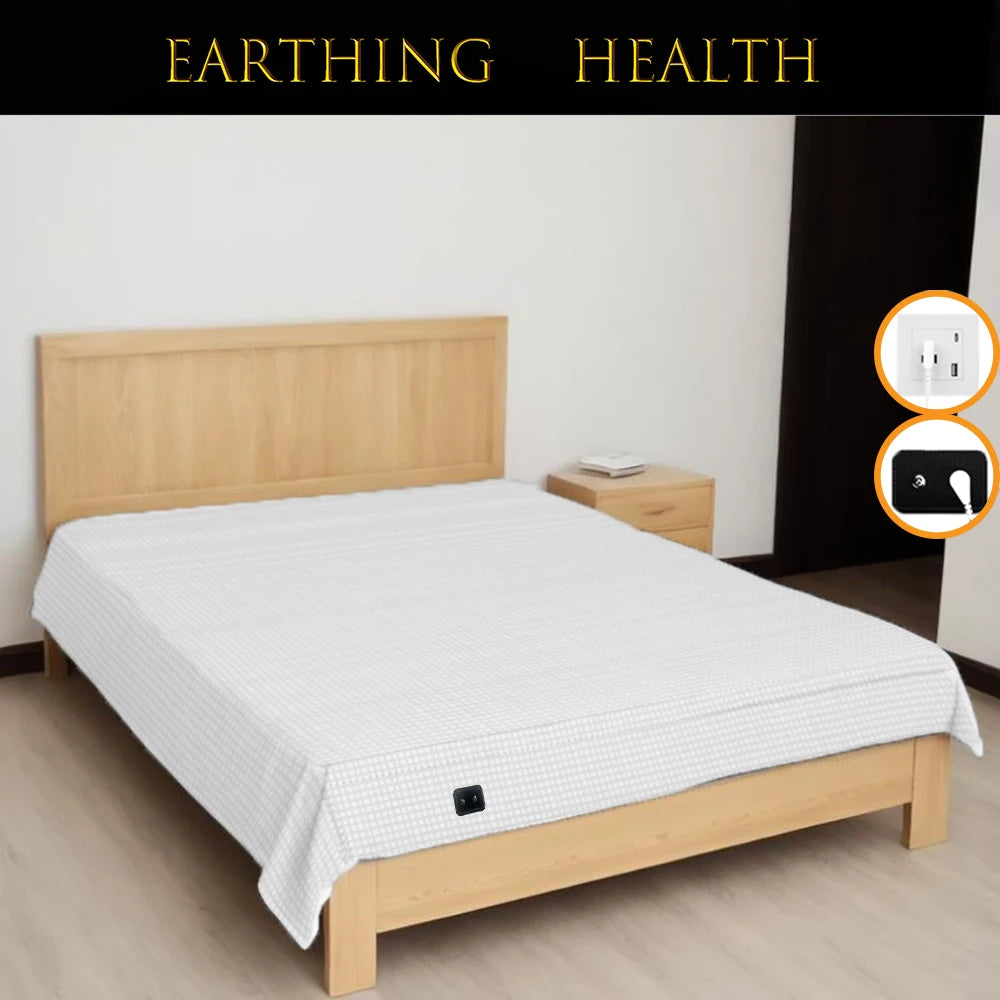 White Earthing Grounding Flat Sheet made of silver fiber conductive cotton blend with grounding cord, designed for home bedding and antistatic use.