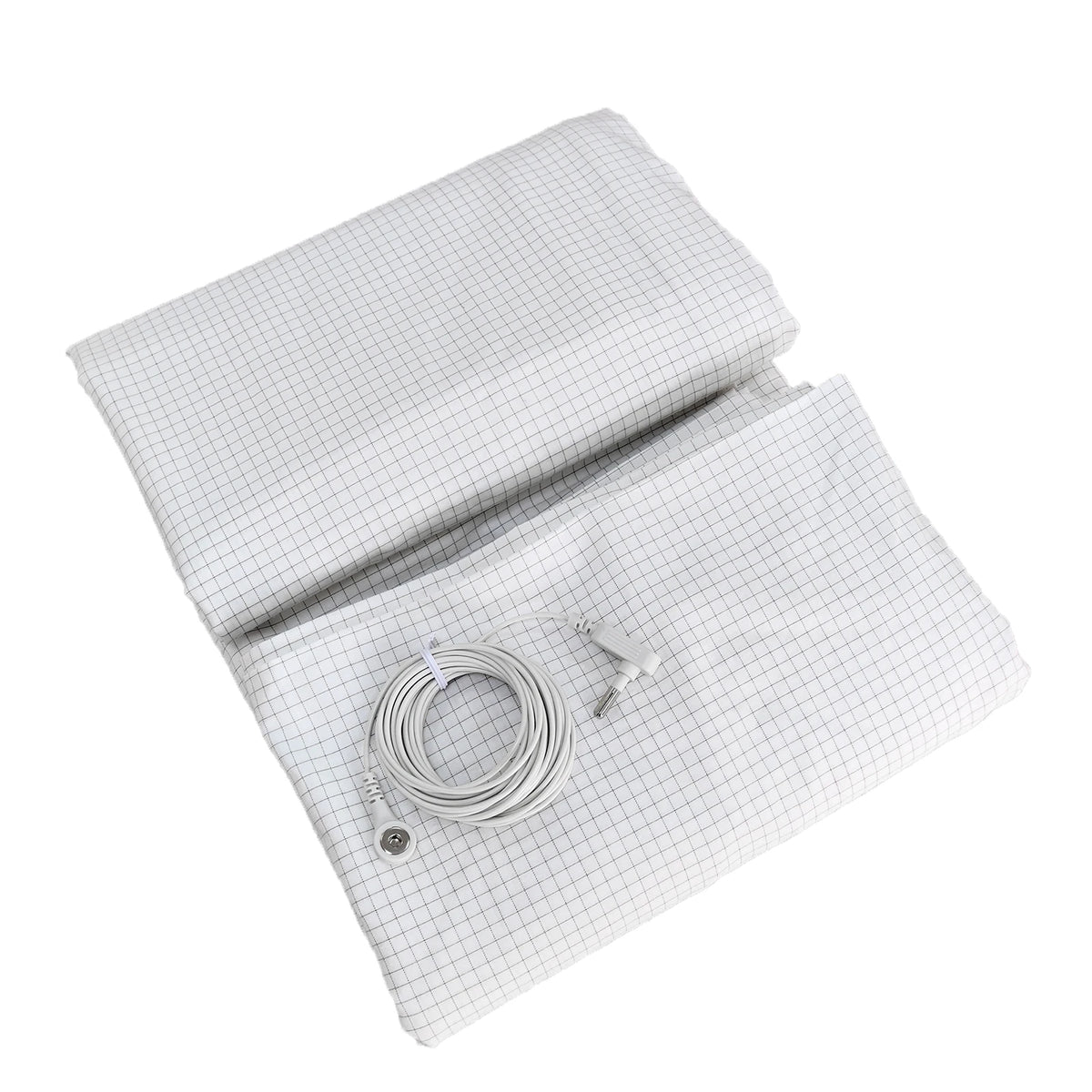 White grounding flat sheet with silver fiber conductive cotton blend and grounding cord, designed for home bedding and antistatic comfort.