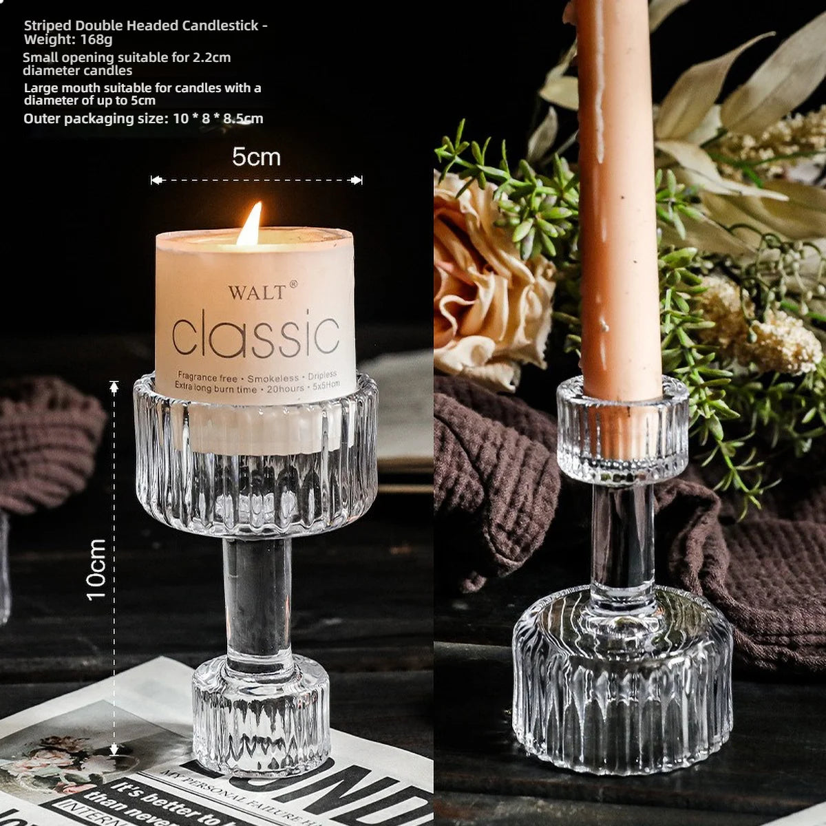 Clear glass pillar candle holder for dining room decor, perfect as a table candlestick from FanzyMarket.
