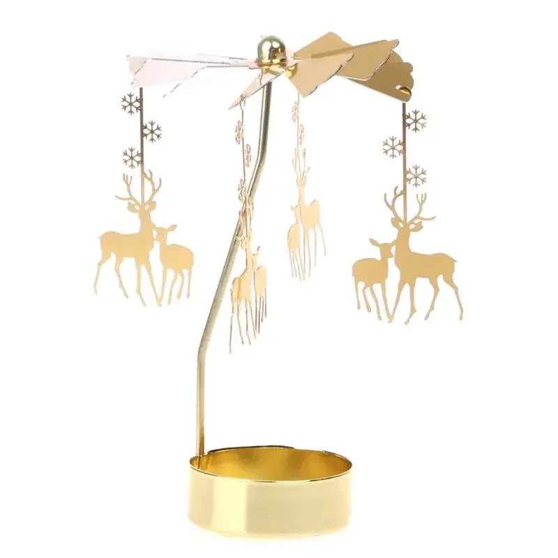 Gold metal rotating tealight candle holder by FanzyMarket, tabletop spinner for wedding, Christmas, and dinner party decor.