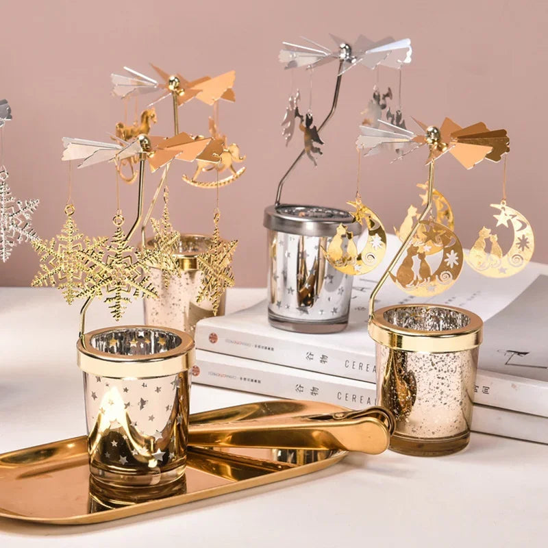 FanzyMarket rotating tea light candle holder carousel stand in gold and silver, 6.7x3.1 inches, ideal for home, party, and Christmas decor.