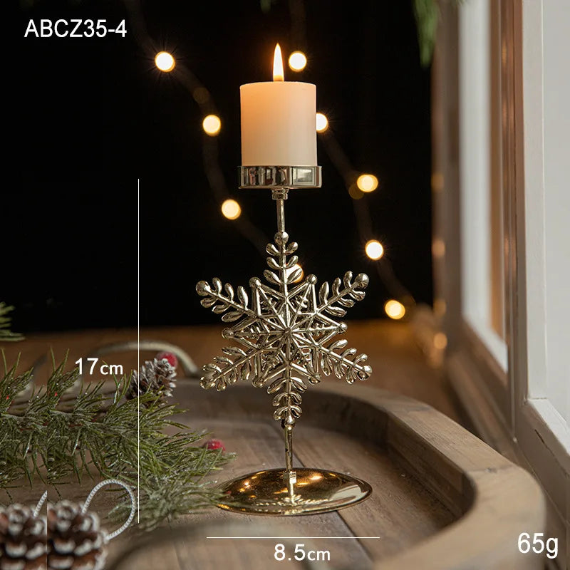 Golden wrought iron Christmas candle holder featuring star, elk, and tree designs, perfect as holiday table centerpiece by FanzyMarket.