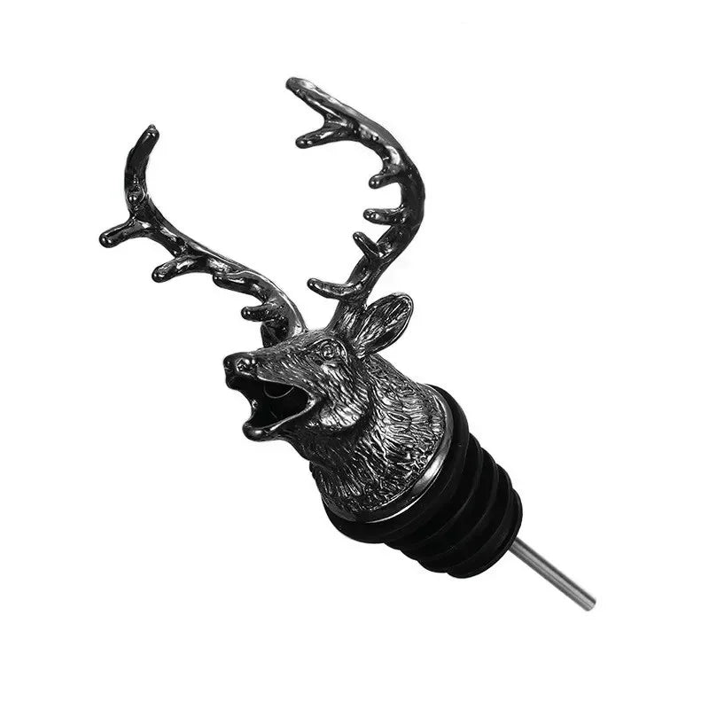 Deer head wine pourer and stopper in silver and gold stainless steel, fits wine and champagne bottles, bar accessory for home use.