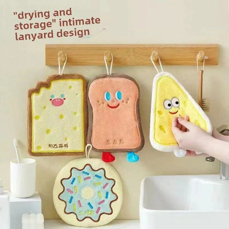 FanzyMarket triple-layer coral fleece hanging hand towel, 27x22 cm, super soft, absorbent cartoon design with hanging loop for kitchen or bathroom.