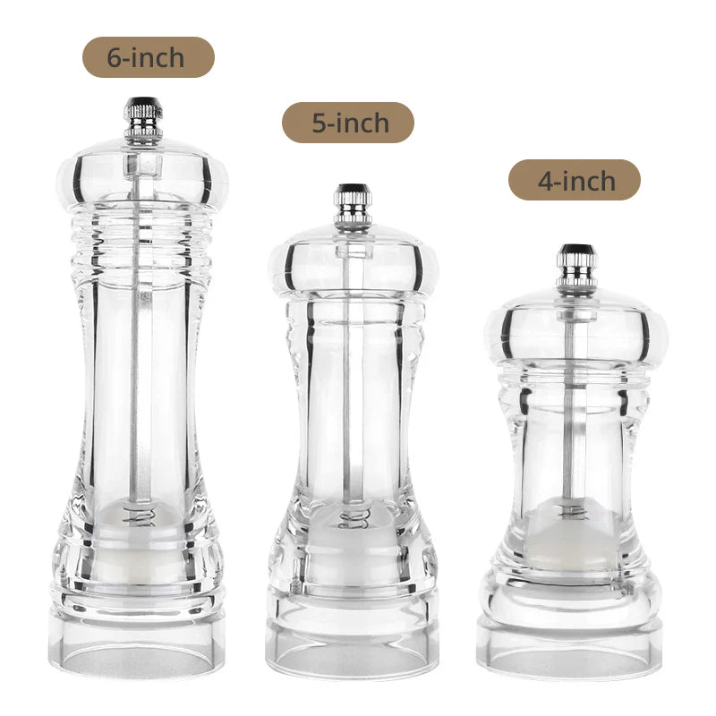 FanzyMarket acrylic pepper grinder with ceramic rotor, adjustable coarseness salt and pepper mill for kitchen use.