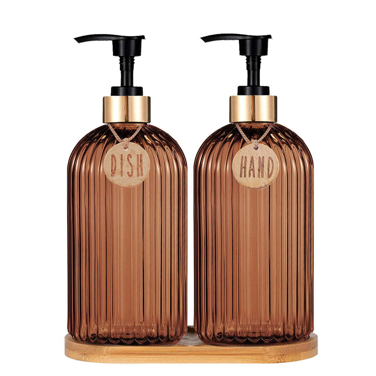 Amber refillable dish and hand soap dispenser pump bottle, 500ml, for kitchen and bathroom use, by FanzyMarket.