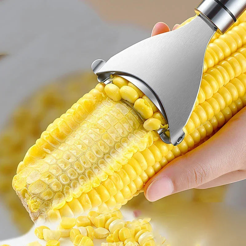 Stainless steel corn peeler and shaver by FanzyMarket, serrated cob stripper for kitchen, shown in a 2-pack on a white background.