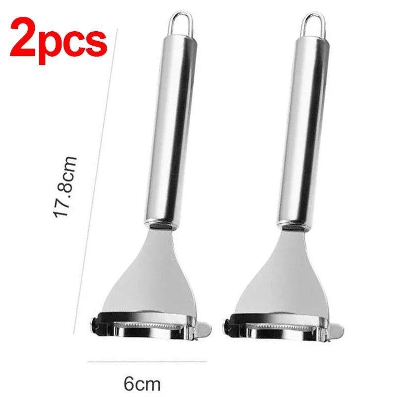 FanzyMarket stainless steel corn peeler and cob shaver with serrated edges, shown in a 1 or 2-pack for kitchen use.