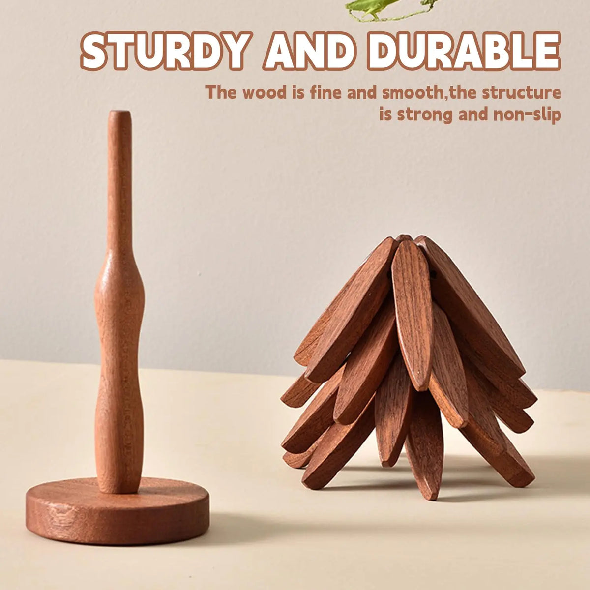 Tree-shaped wooden trivet set with 4 foldable trivets and stand, natural wood hot pads for pots, teapots, and bowls.