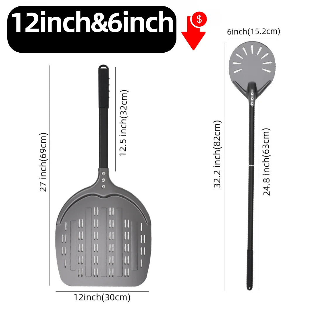 FanzyMarket hard-anodized aluminum pizza peel and bread paddle set in 6, 12, 13, and 14 inches, ideal for oven baking and pizza making.
