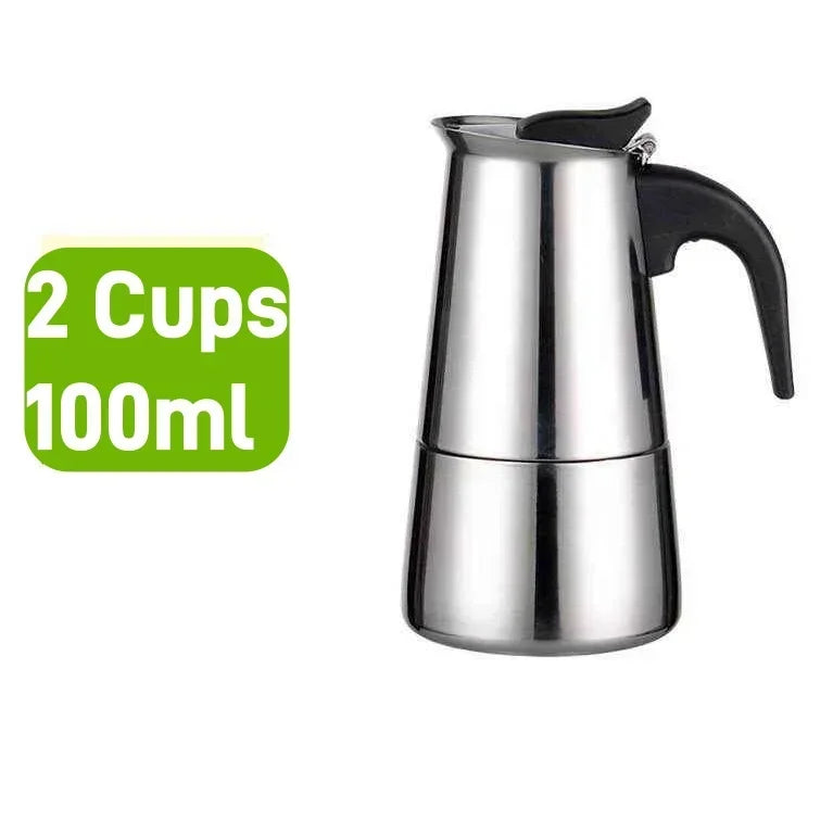 FanzyMarket stainless steel Moka pot stovetop espresso maker, 2/4/6 cup size, induction and gas compatible, ideal for home brewing.