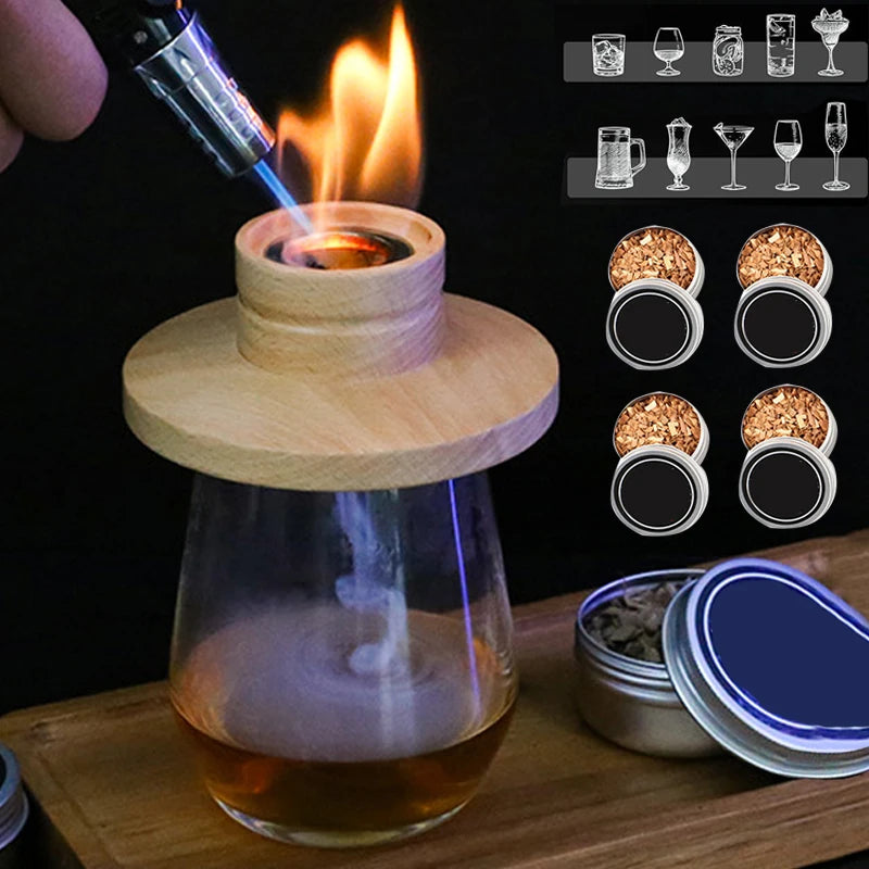FanzyMarket cocktail smoker kit with wooden smoke hood and cold smoke infuser for whiskey, tequila, and cocktails with wood chip boxes.