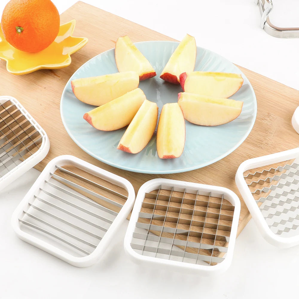 FanzyMarket 5-in-1 stainless steel fruit and vegetable slicer with apple corer, pear slicer, and potato chip maker for kitchen use.