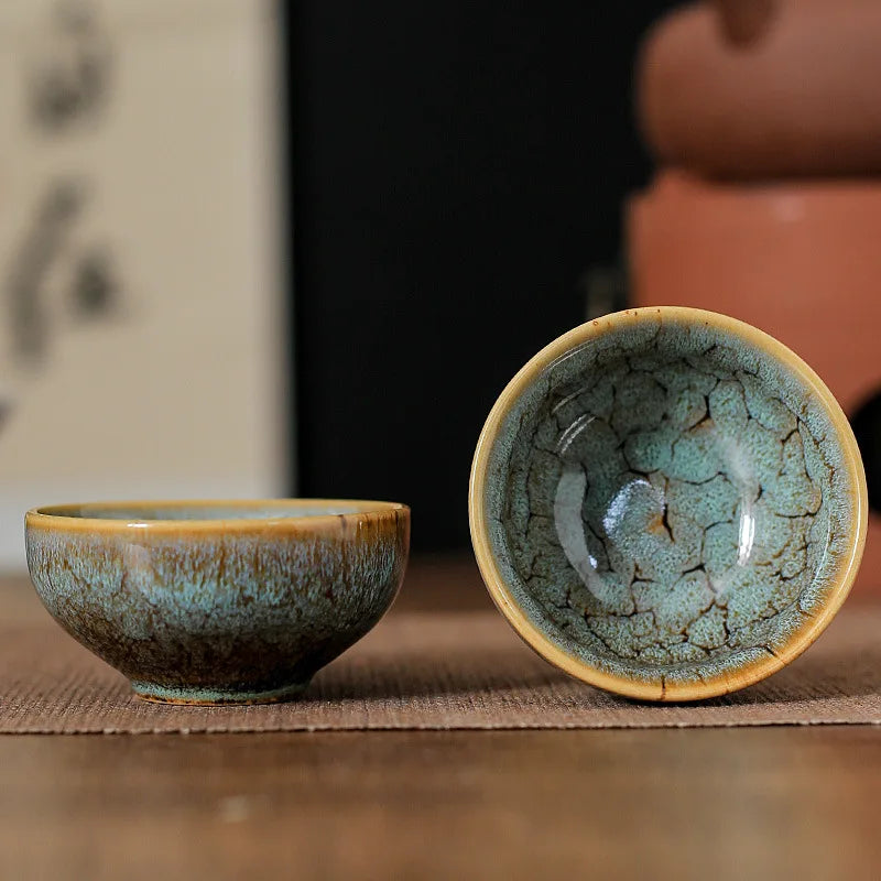 Ceramic satin blue teacup for gongfu tea, 45ml capacity, traditional Jianzhan style, ideal for tea tasting and home tea ceremonies.
