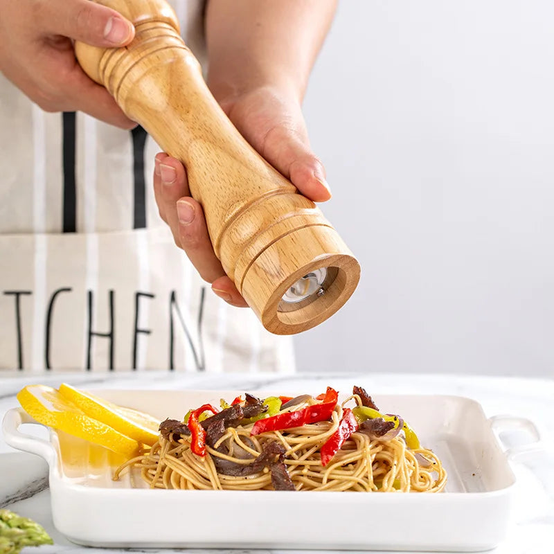 FanzyMarket solid wood salt and pepper mills with adjustable ceramic core, available in 5, 8, and 10 inches for kitchen use.