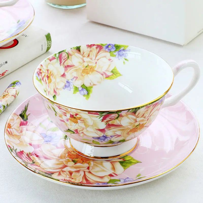 FanzyMarket bone china afternoon tea cup set with saucer and spoon, blue floral design, 200-210ml for home, office, or cafe use.