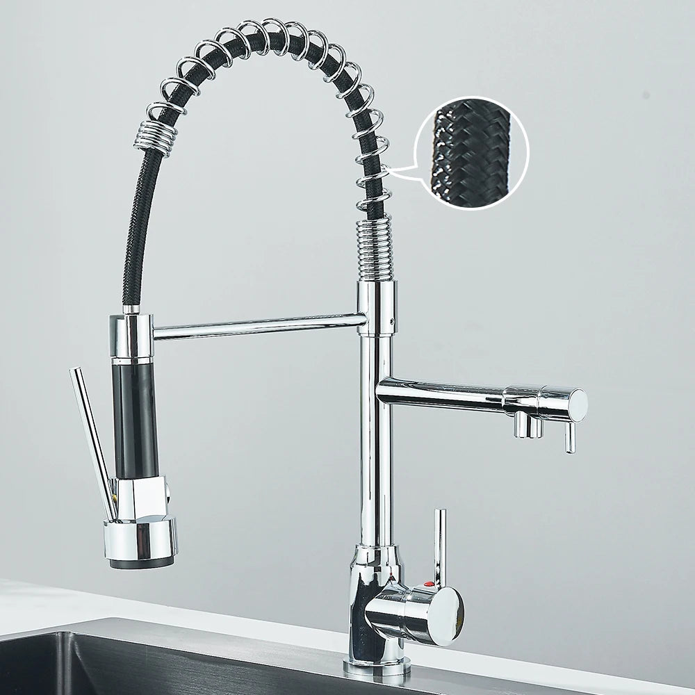 FanzyMarket stainless steel pull-down spring kitchen faucet with single lever, dual spout, hot and cold water, retractable design
