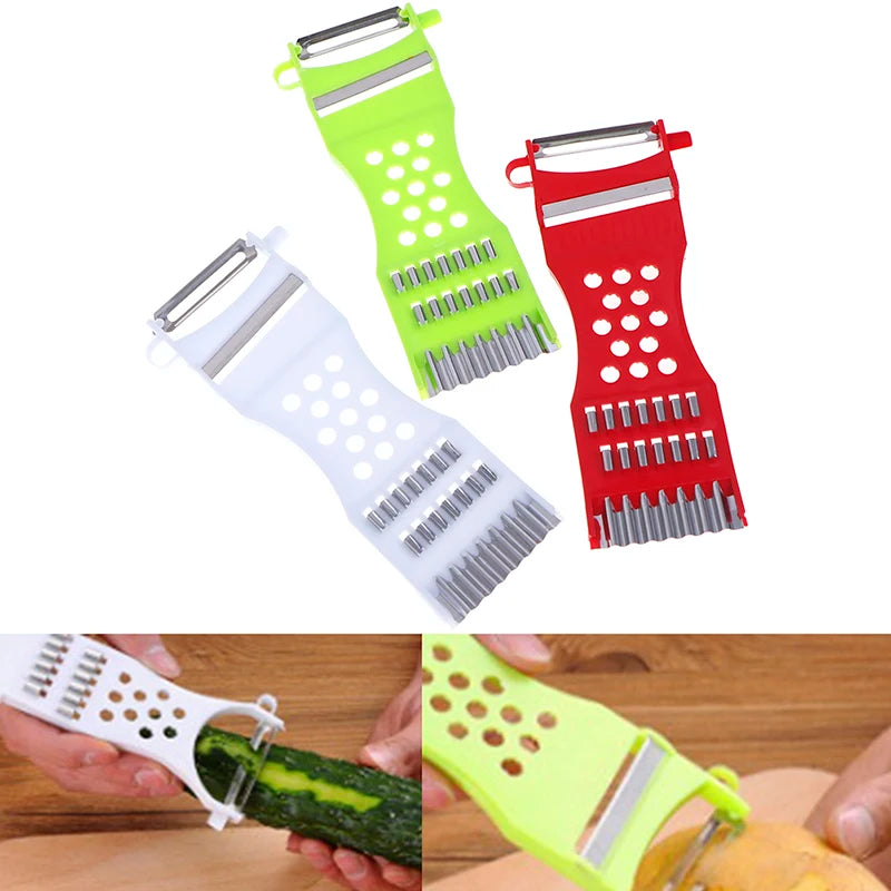 Light grey FanzyMarket multi-function vegetable cutter with garlic grater, potato peeler, and cucumber carrot slicer for kitchen use.