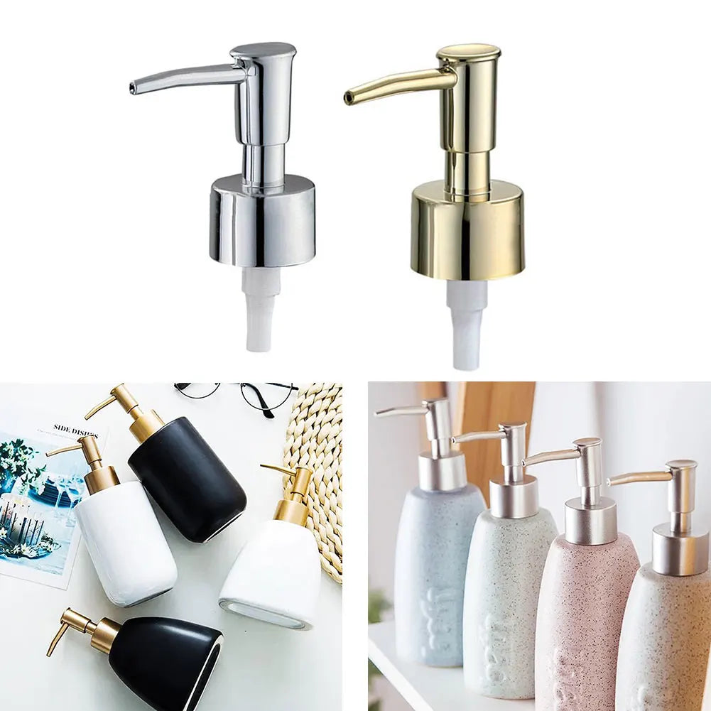 Brushed gold reusable soap dispenser pump head with 28/400 thread for kitchen and bathroom bottles, by FanzyMarket.