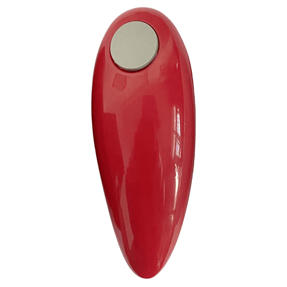 FanzyMarket electric can opener in red, battery-operated, one-touch design, smooth-edge cutting, portable for kitchen and bar use.