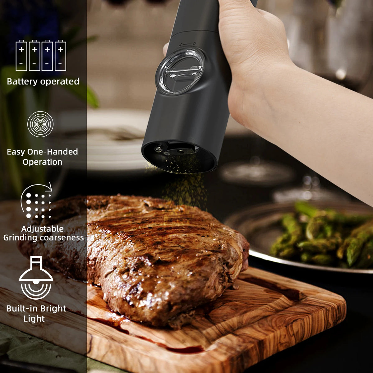 FanzyMarket electric salt and pepper grinder set with LED light, adjustable coarseness, battery-powered, silver finish for kitchen use.