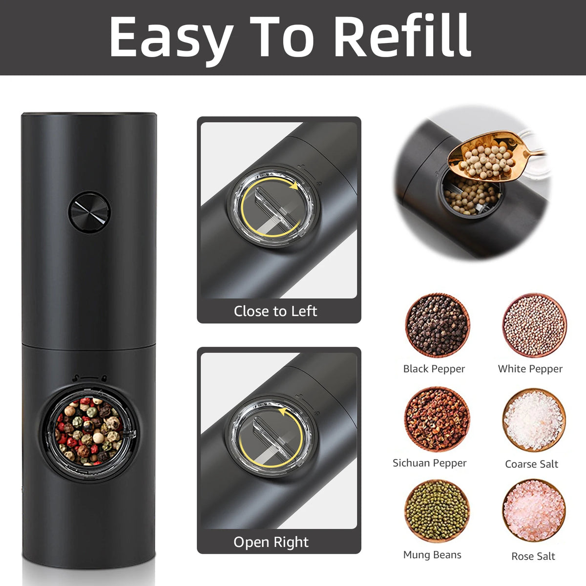 FanzyMarket electric salt and pepper grinder set with LED light, battery-powered, adjustable coarseness, silver finish.