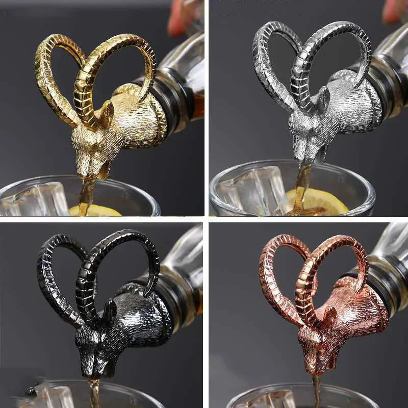 Zinc alloy animal head wine pourer featuring detailed elk, deer, lion, and eagle designs, perfect for decorative kitchen wine bottles.